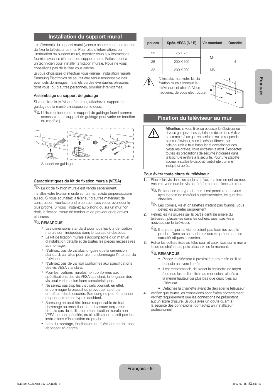 Installation du support mural, Fixation du téléviseur au mur | Samsung LE32E420E2W User Manual | Page 21 / 49