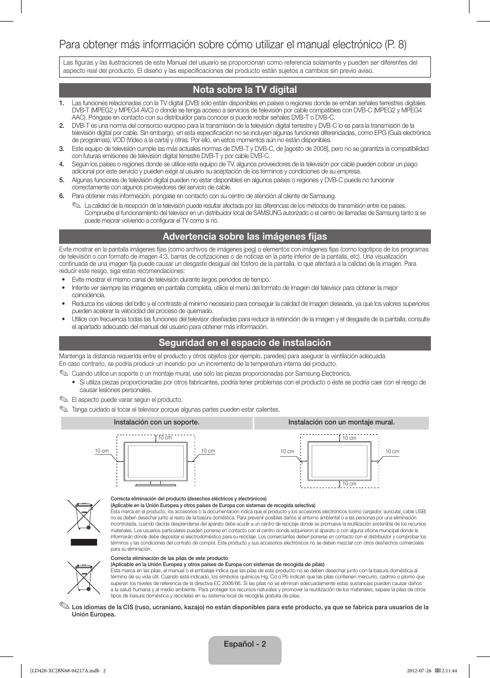 Nota sobre la tv digital, Advertencia sobre las imágenes fijas, Seguridad en el espacio de instalación | Samsung LE32E420E2W User Manual | Page 26 / 49