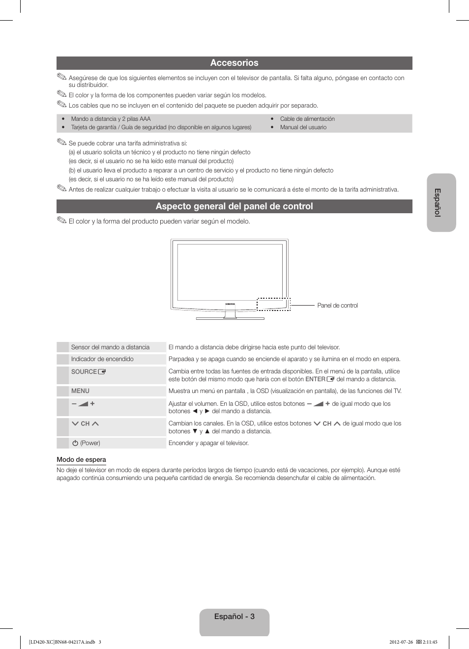 Accesorios, Aspecto general del panel de control | Samsung LE32E420E2W User Manual | Page 27 / 49