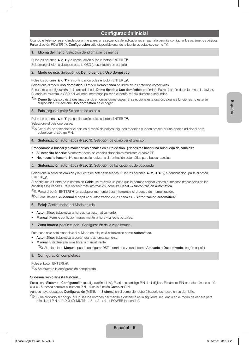 Configuración inicial | Samsung LE32E420E2W User Manual | Page 29 / 49