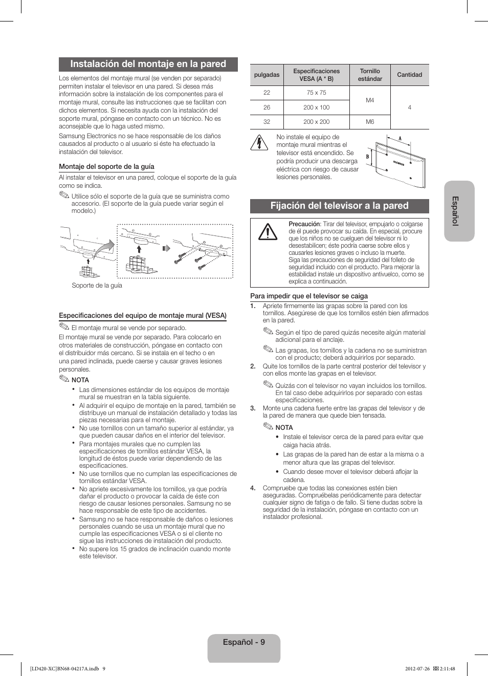 Instalación del montaje en la pared, Fijación del televisor a la pared | Samsung LE32E420E2W User Manual | Page 33 / 49