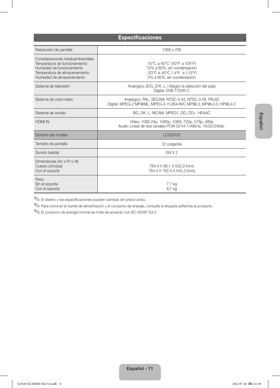 Especificaciones | Samsung LE32E420E2W User Manual | Page 35 / 49