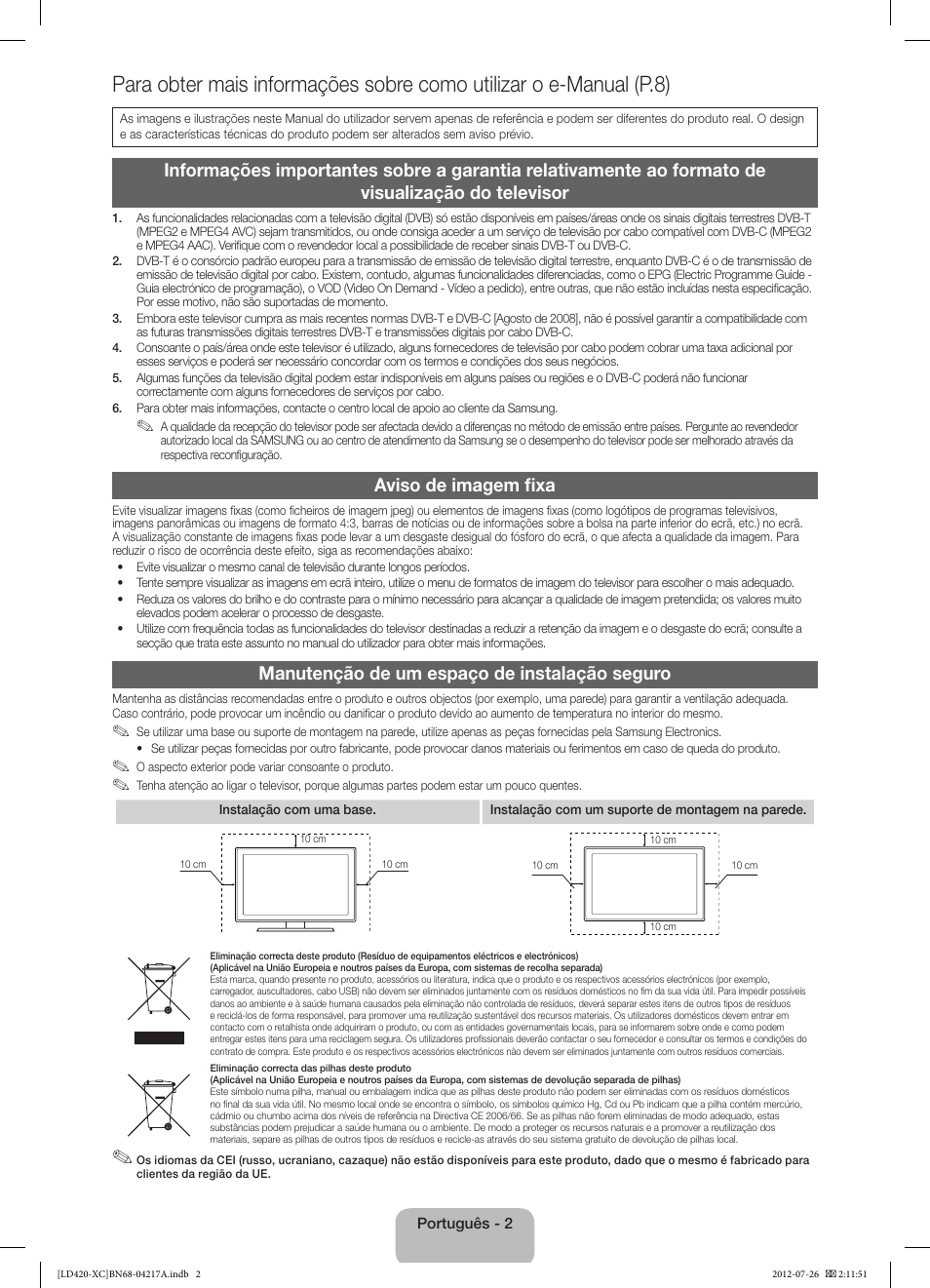 Aviso de imagem fixa, Manutenção de um espaço de instalação seguro | Samsung LE32E420E2W User Manual | Page 38 / 49