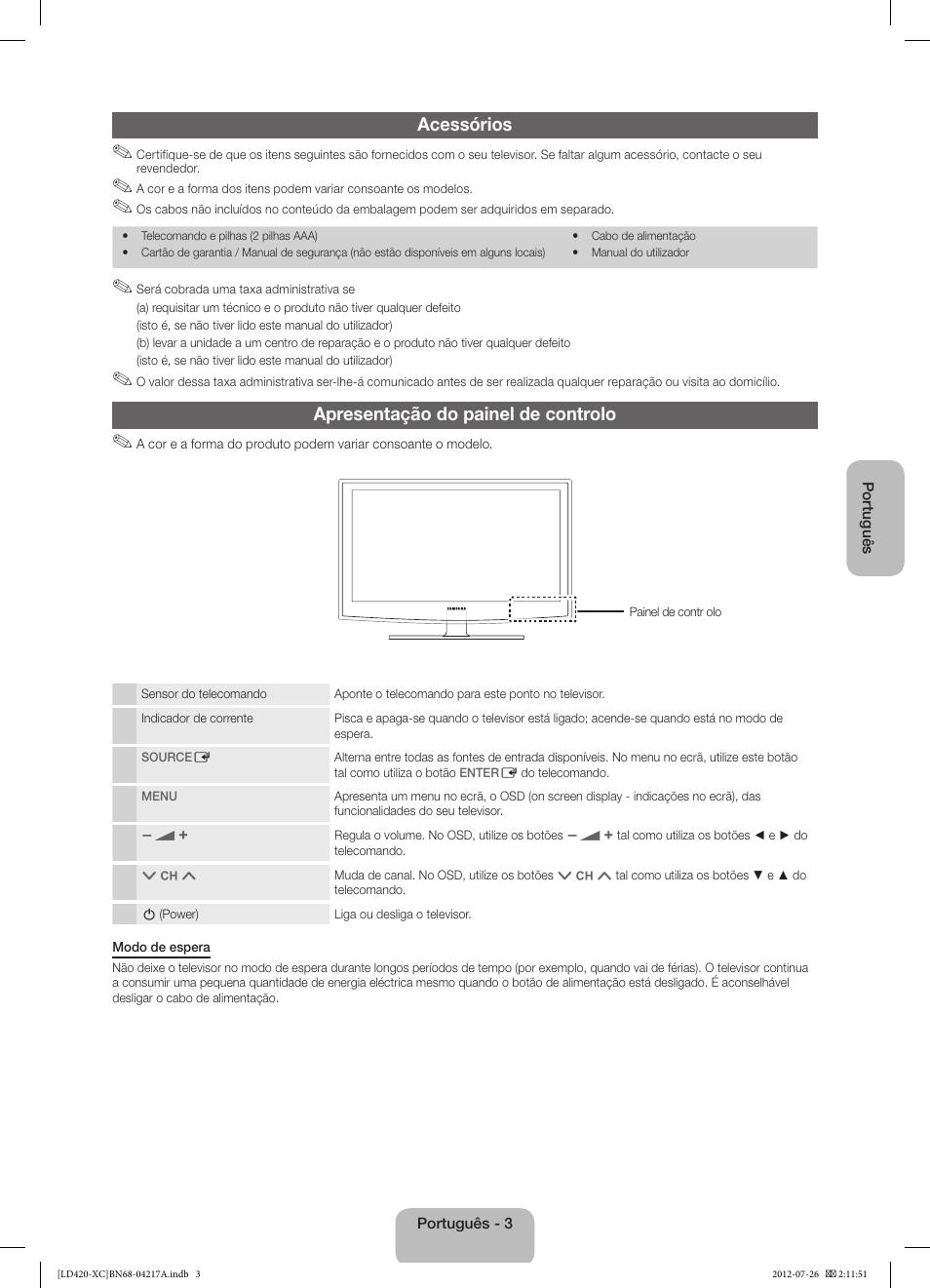 Acessórios, Apresentação do painel de controlo | Samsung LE32E420E2W User Manual | Page 39 / 49