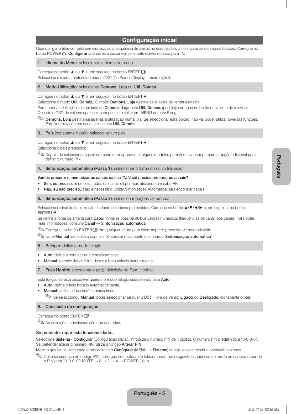 Configuração inicial | Samsung LE32E420E2W User Manual | Page 41 / 49