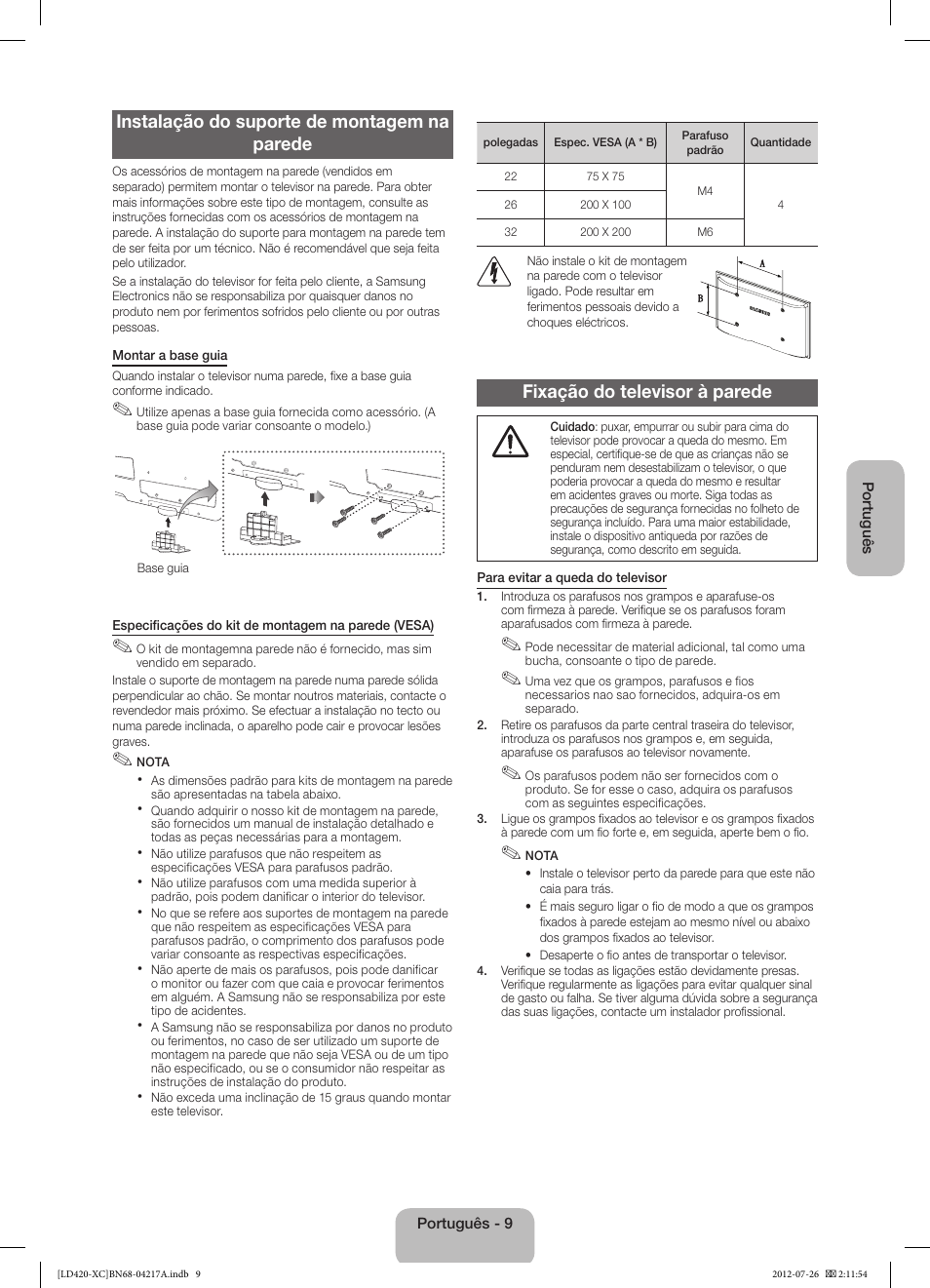 Instalação do suporte de montagem na parede, Fixação do televisor à parede | Samsung LE32E420E2W User Manual | Page 45 / 49