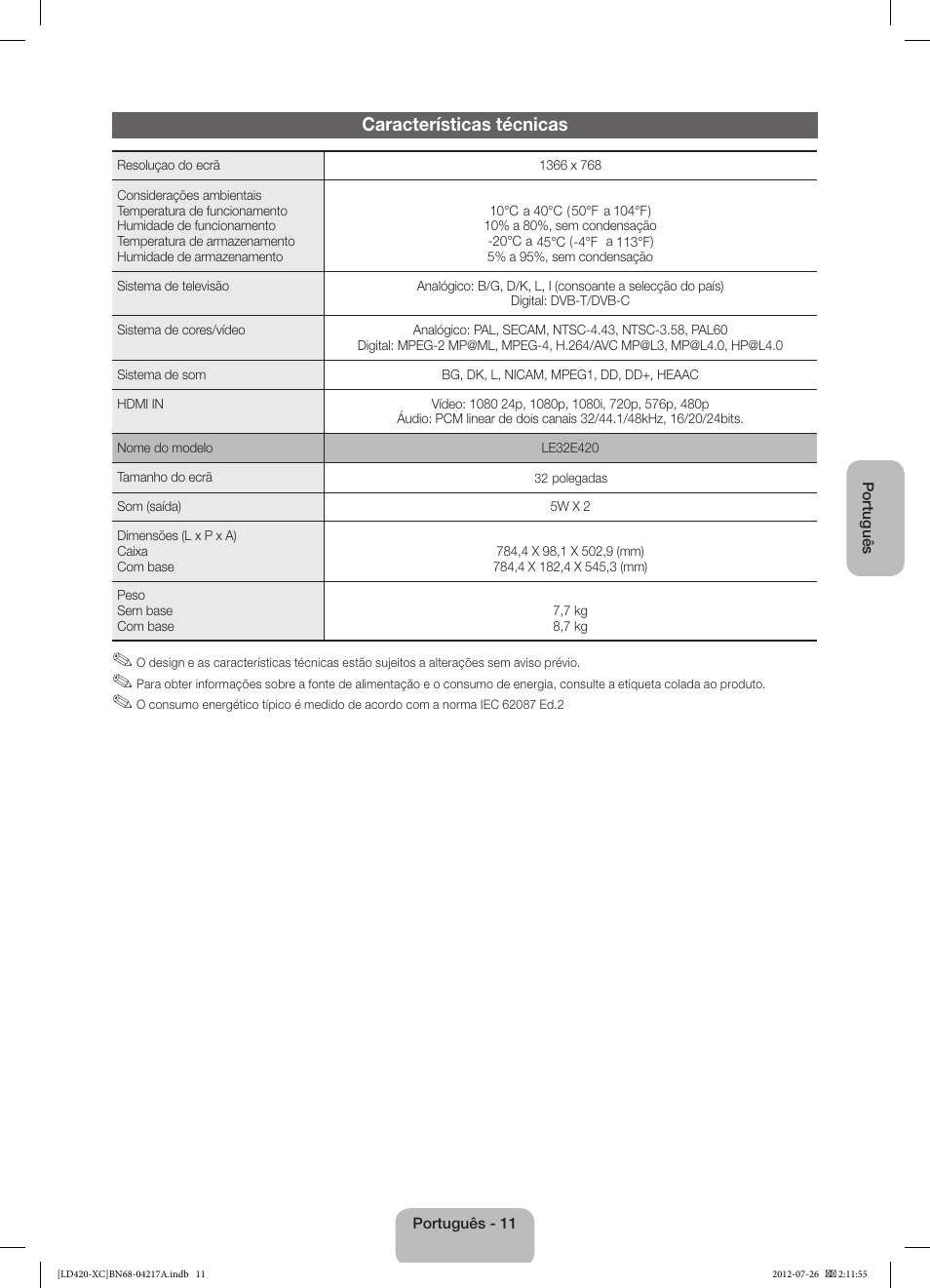 Características técnicas | Samsung LE32E420E2W User Manual | Page 47 / 49
