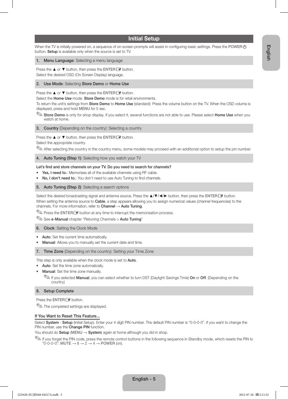 Initial setup | Samsung LE32E420E2W User Manual | Page 5 / 49