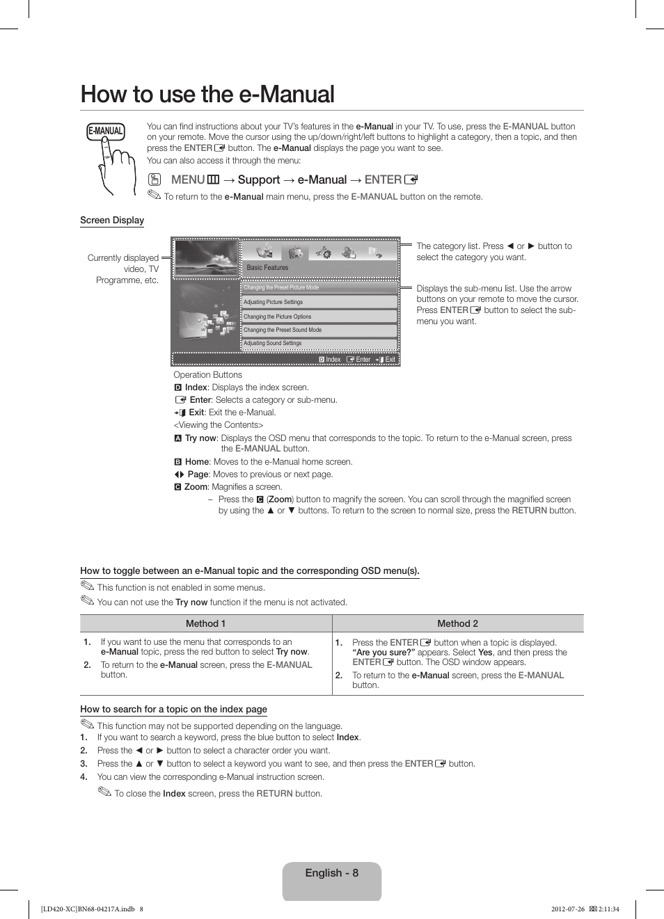 How to use the e-manual | Samsung LE32E420E2W User Manual | Page 8 / 49