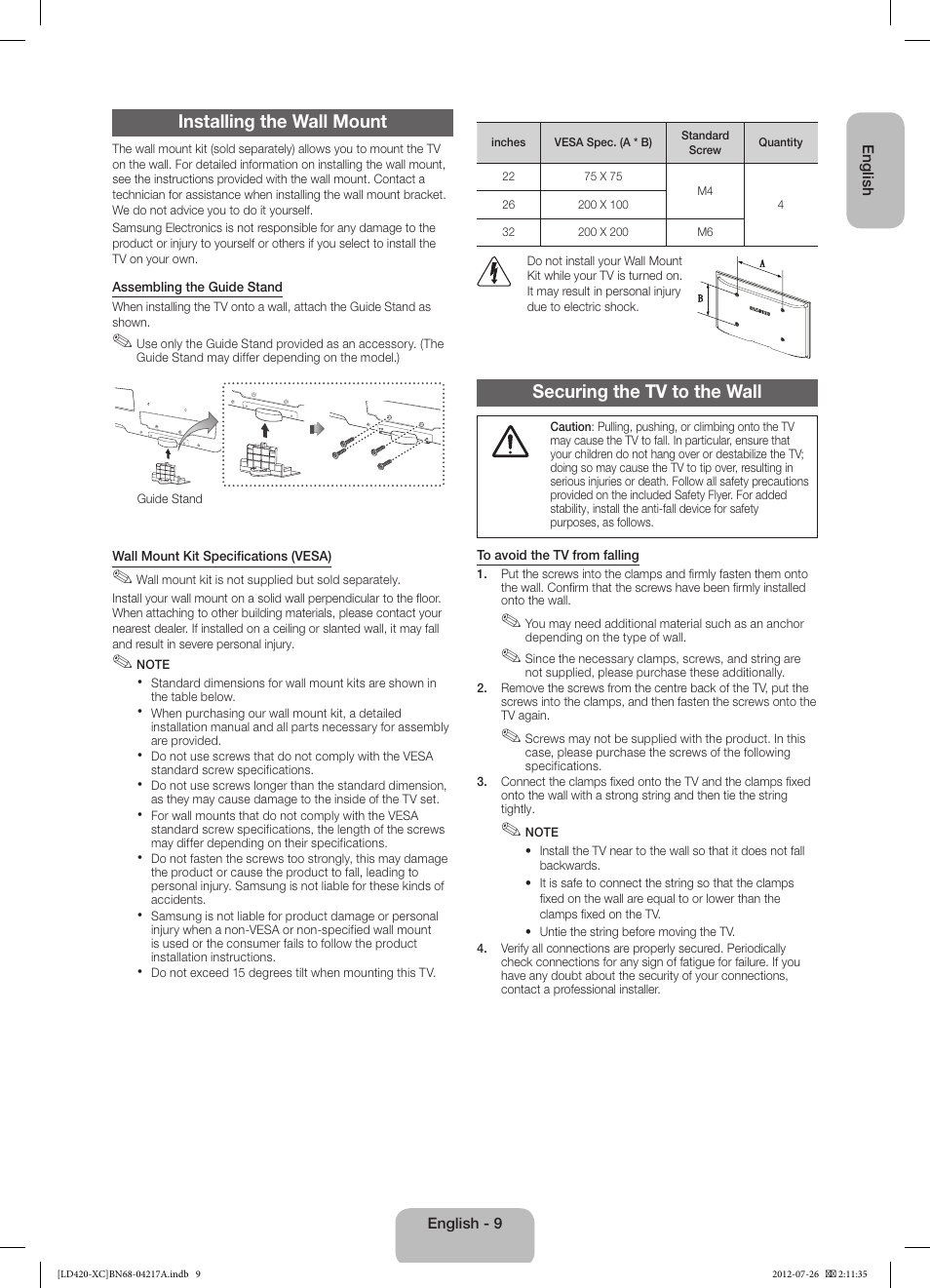 Installing the wall mount, Securing the tv to the wall | Samsung LE32E420E2W User Manual | Page 9 / 49