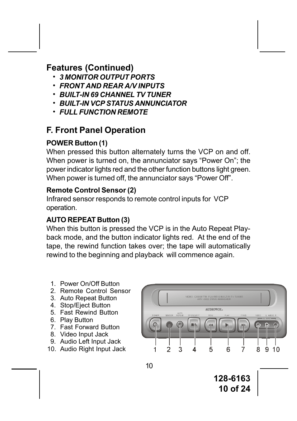 F. front panel operation | Audiovox AVP-7380 User Manual | Page 10 / 24