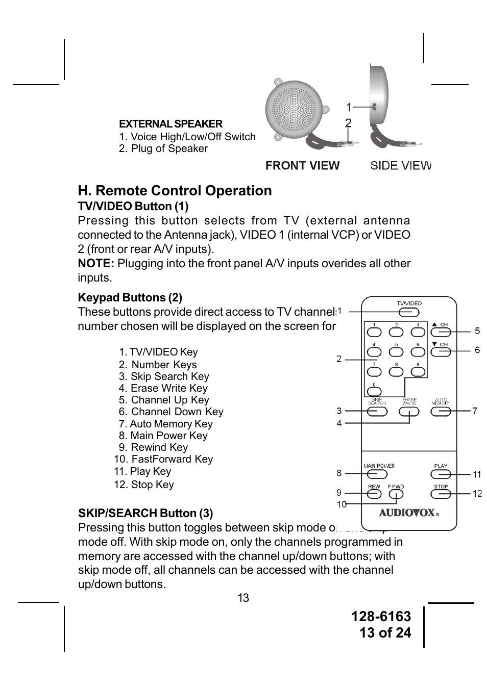 H. remote control operation | Audiovox AVP-7380 User Manual | Page 13 / 24