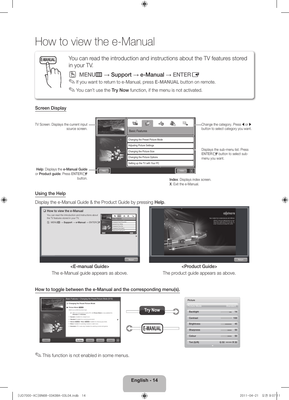 How to view the e-manual, Menu m → support → e-manual → enter e, English - 14 | This function is not enabled in some menus, Try now, E-manual | Samsung UE46D7000LS User Manual | Page 14 / 82