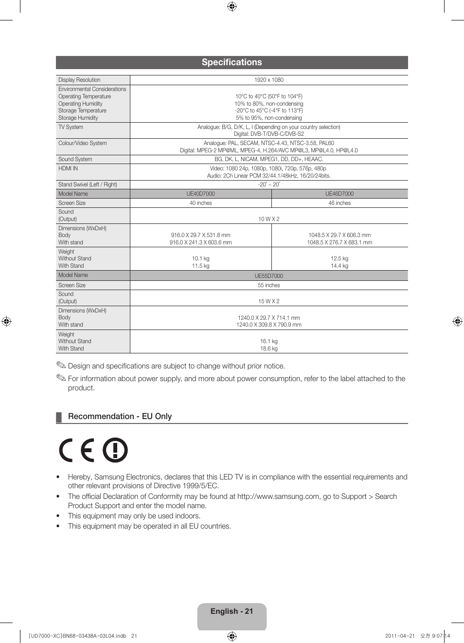 Specifications, Recommendation - eu only | Samsung UE46D7000LS User Manual | Page 21 / 82