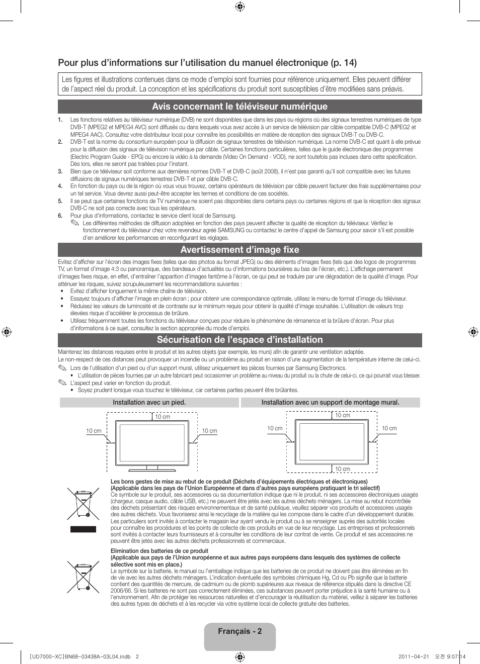 Avis concernant le téléviseur numérique, Avertissement d’image fixe, Sécurisation de l’espace d’installation | Samsung UE46D7000LS User Manual | Page 22 / 82
