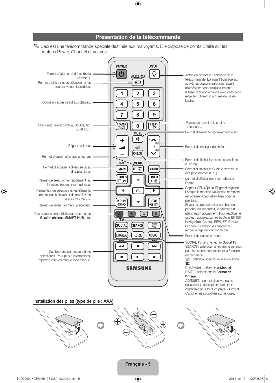 Présentation de la télécommande | Samsung UE46D7000LS User Manual | Page 25 / 82