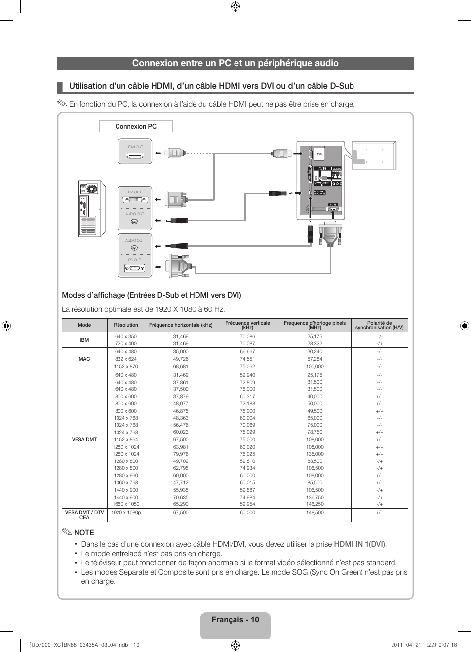 Connexion entre un pc et un périphérique audio | Samsung UE46D7000LS User Manual | Page 30 / 82