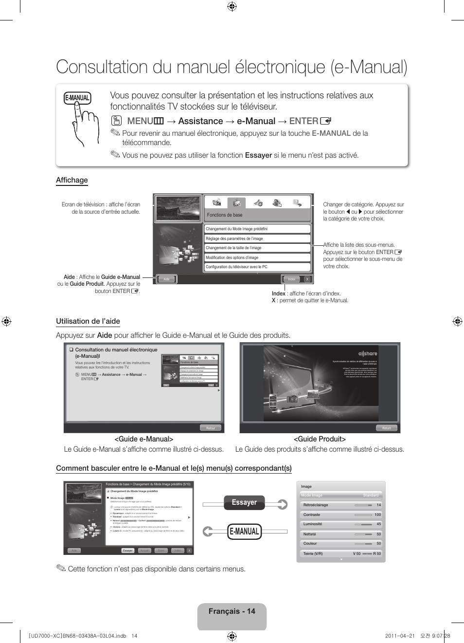 Consultation du manuel électronique (e-manual), E-manual, Menu m → assistance → e-manual → enter e | Français - 14, Essayer e-manual | Samsung UE46D7000LS User Manual | Page 34 / 82