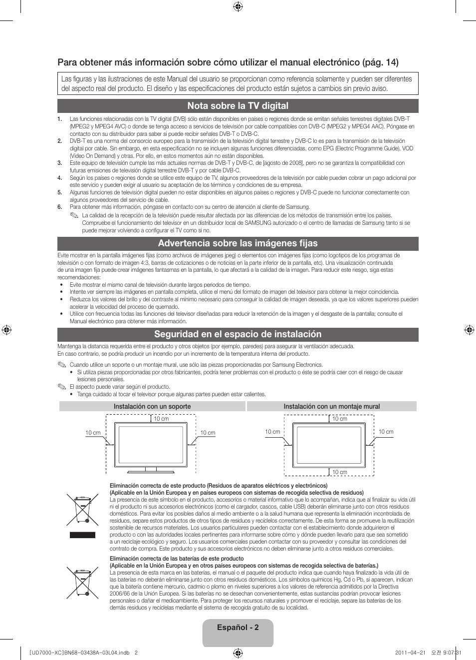 Nota sobre la tv digital, Advertencia sobre las imágenes fijas, Seguridad en el espacio de instalación | Samsung UE46D7000LS User Manual | Page 42 / 82