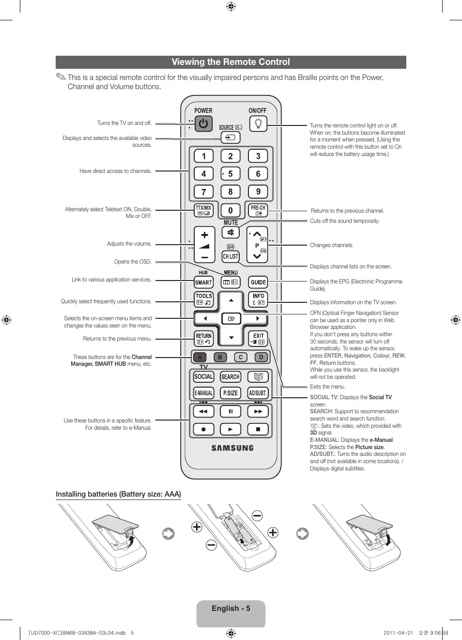 Viewing the remote control | Samsung UE46D7000LS User Manual | Page 5 / 82
