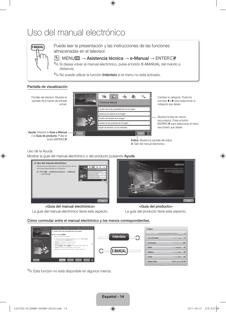 Uso del manual electrónico, Menu m → asistencia técnica → e-manual → enter e, E-manual | Español - 14, Esta función no está disponible en algunos menús, Inténtelo e-manual | Samsung UE46D7000LS User Manual | Page 54 / 82
