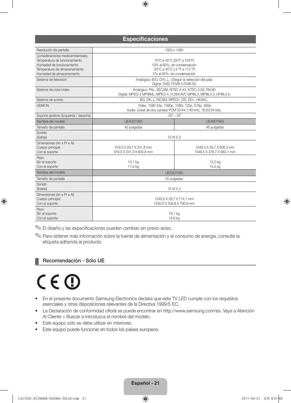 Especificaciones, Recomendación - sólo ue | Samsung UE46D7000LS User Manual | Page 61 / 82