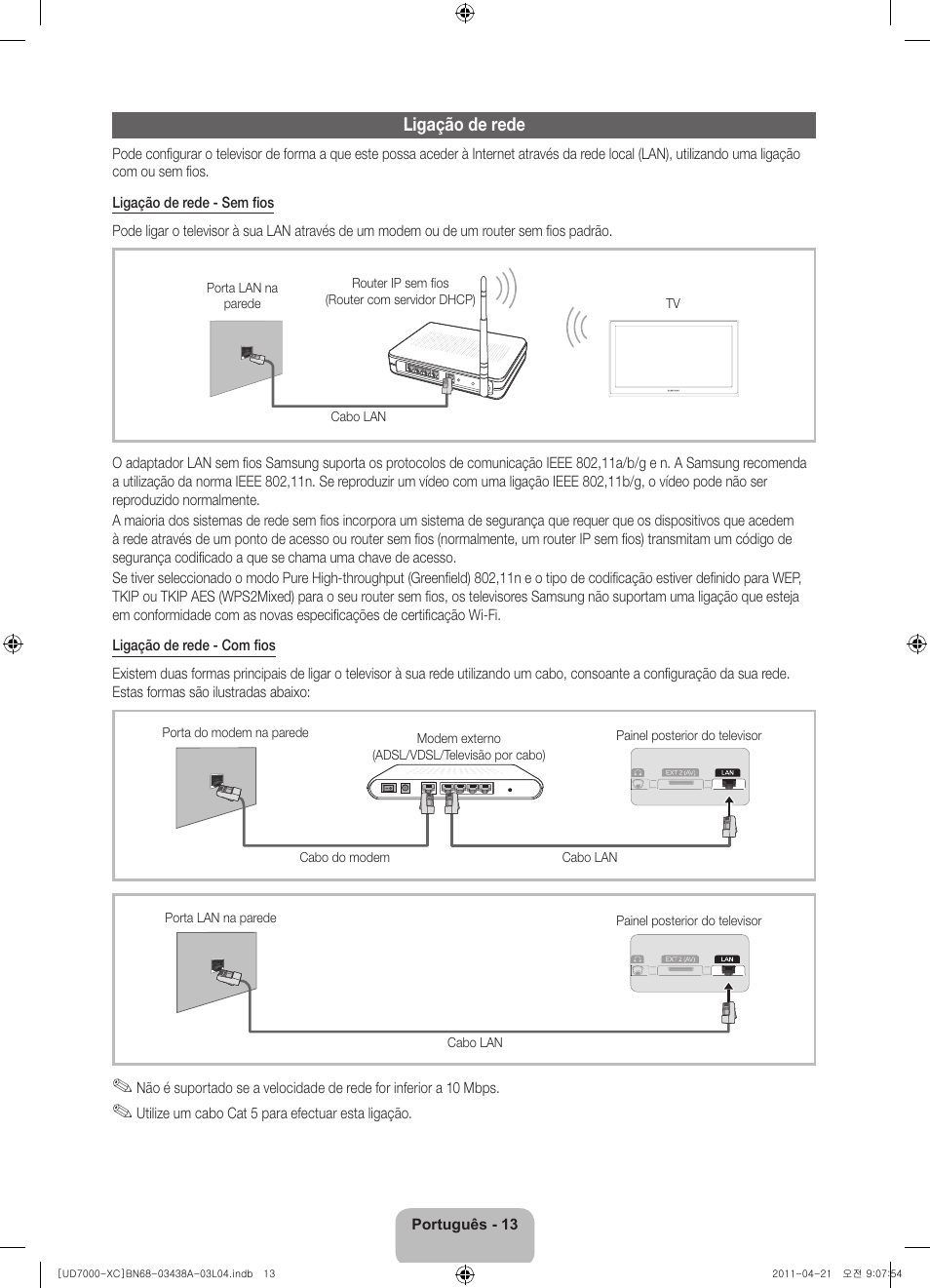 Ligação de rede | Samsung UE46D7000LS User Manual | Page 73 / 82
