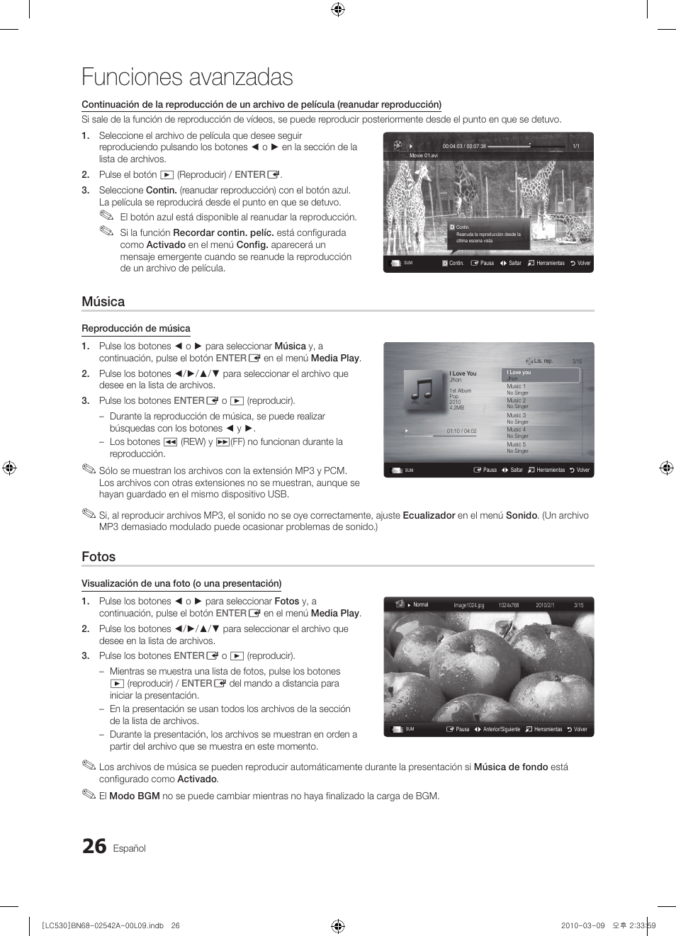 Funciones avanzadas, Música, Fotos | Samsung LE37C530F1W User Manual | Page 102 / 231