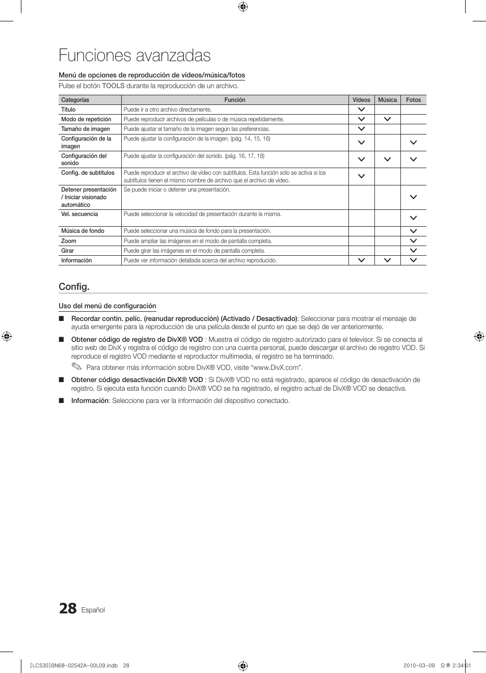 Funciones avanzadas, Config | Samsung LE37C530F1W User Manual | Page 104 / 231