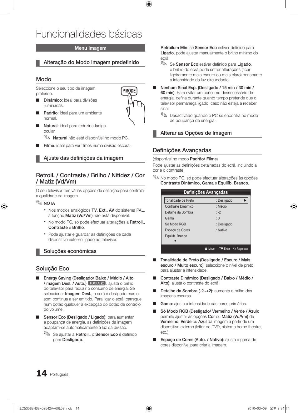 Funcionalidades básicas, Modo, Solução eco | Definições avançadas | Samsung LE37C530F1W User Manual | Page 128 / 231