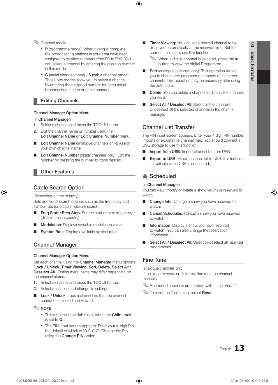 Cable search option, Channel manager, Channel list transfer | Scheduled, Fine tune | Samsung LE37C530F1W User Manual | Page 13 / 231