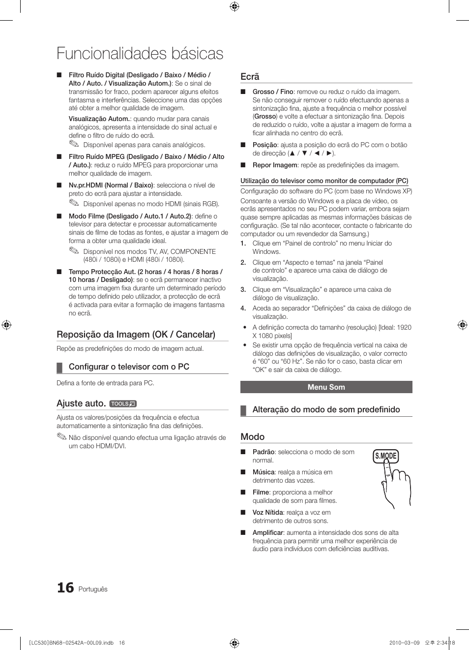 Funcionalidades básicas, Reposição da imagem (ok / cancelar), Ajuste auto | Ecrã, Modo | Samsung LE37C530F1W User Manual | Page 130 / 231
