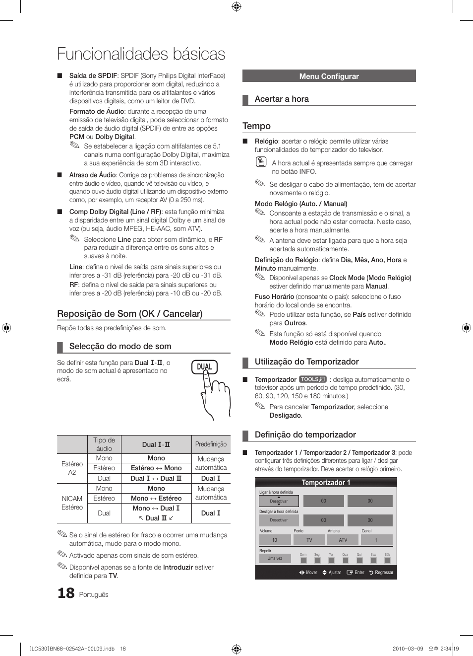 Funcionalidades básicas, Reposição de som (ok / cancelar), Tempo | Samsung LE37C530F1W User Manual | Page 132 / 231