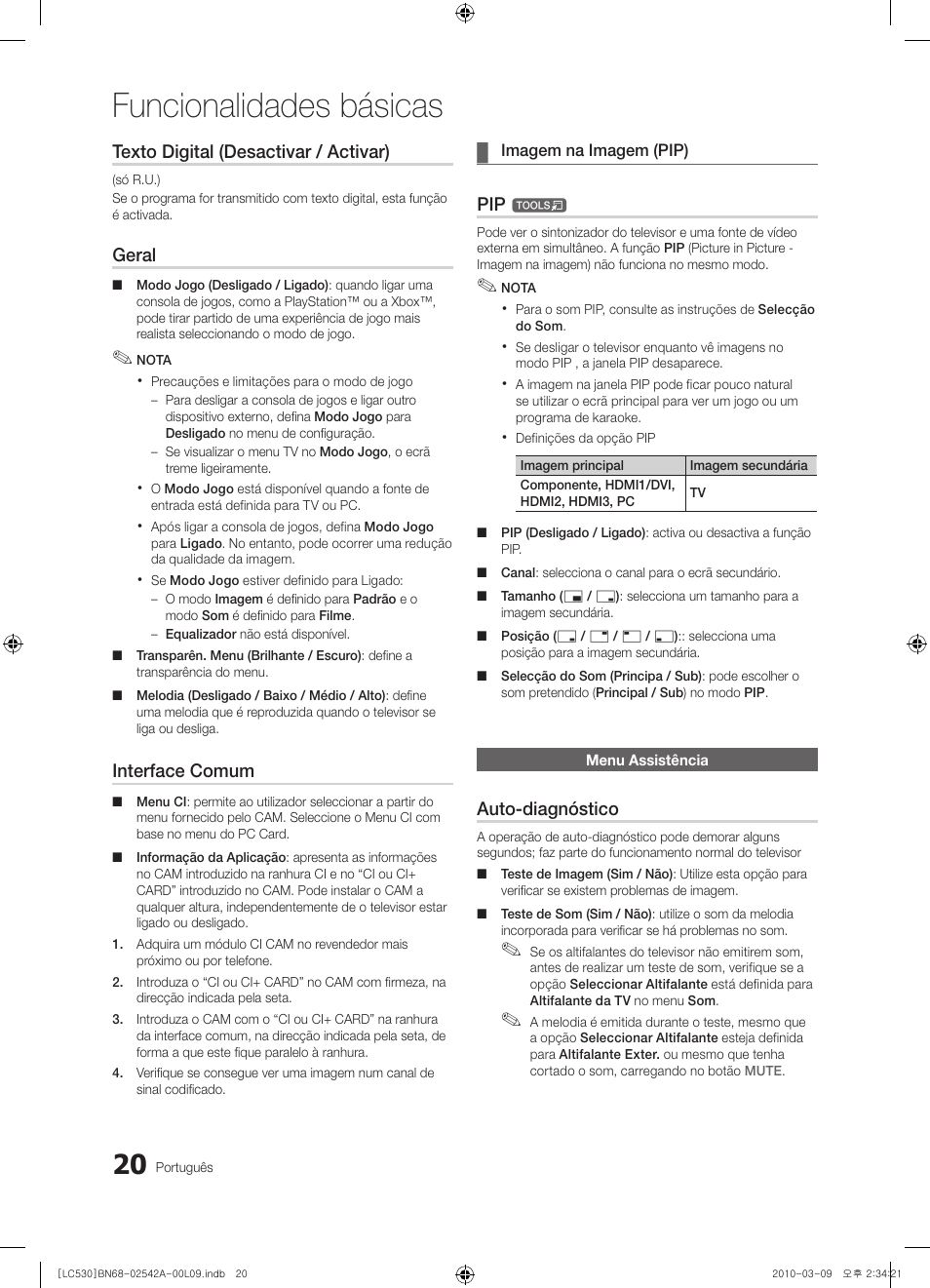 Funcionalidades básicas, Texto digital (desactivar / activar), Geral | Interface comum, Auto-diagnóstico | Samsung LE37C530F1W User Manual | Page 134 / 231