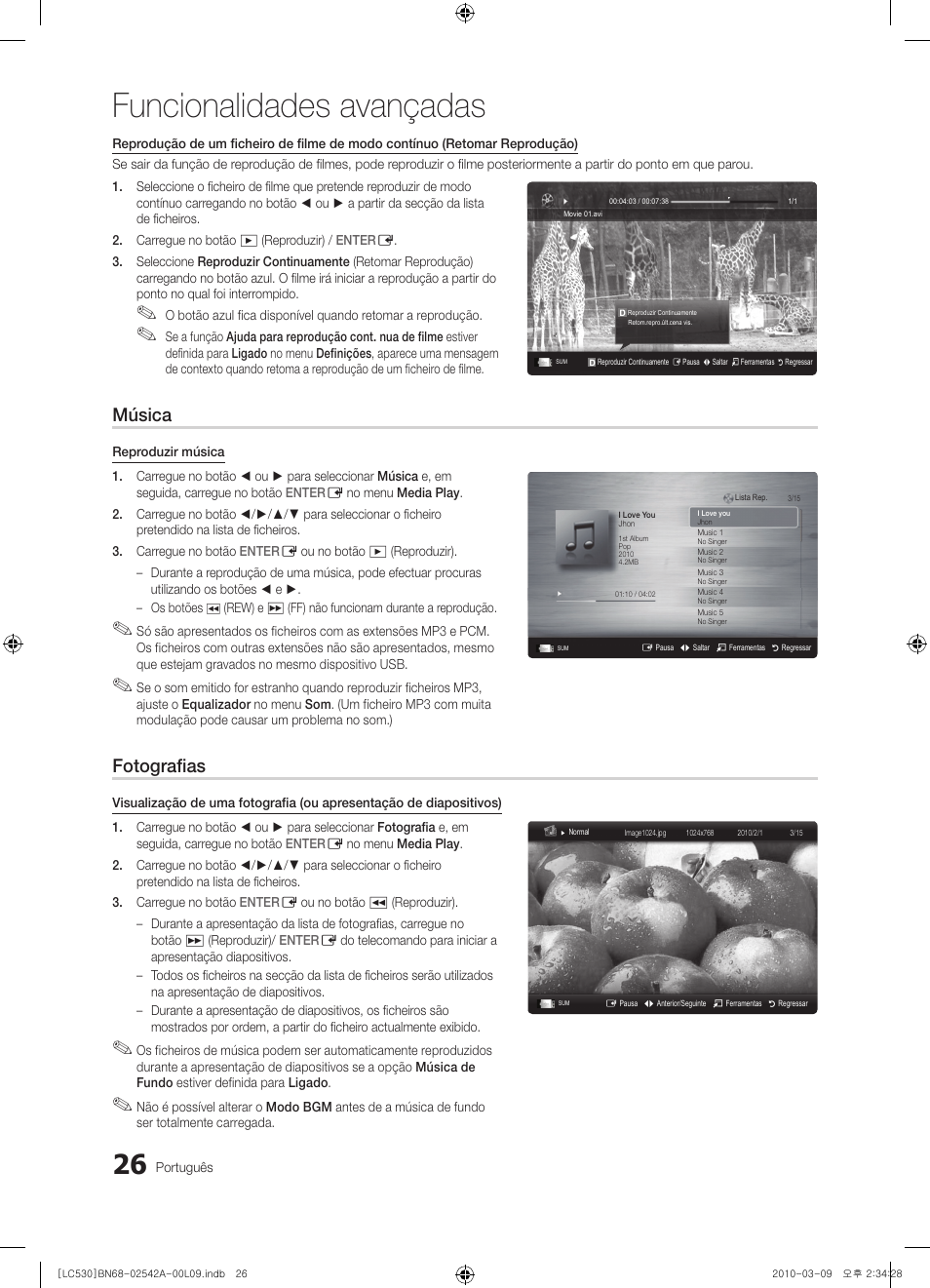 Funcionalidades avançadas, Música, Fotografias | Samsung LE37C530F1W User Manual | Page 140 / 231