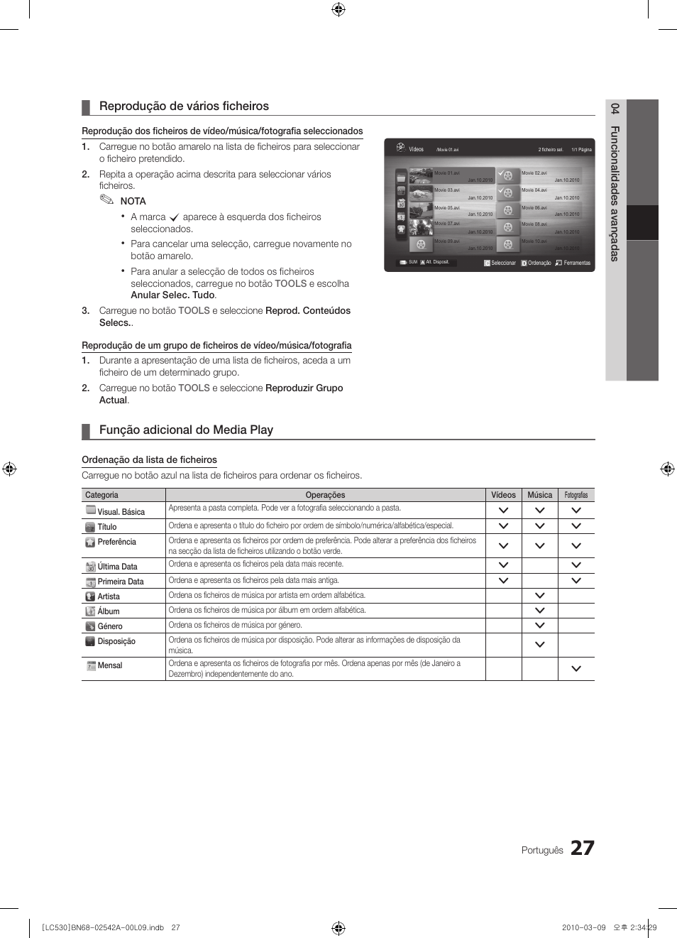Reprodução de vários ficheiros, Função adicional do media play | Samsung LE37C530F1W User Manual | Page 141 / 231