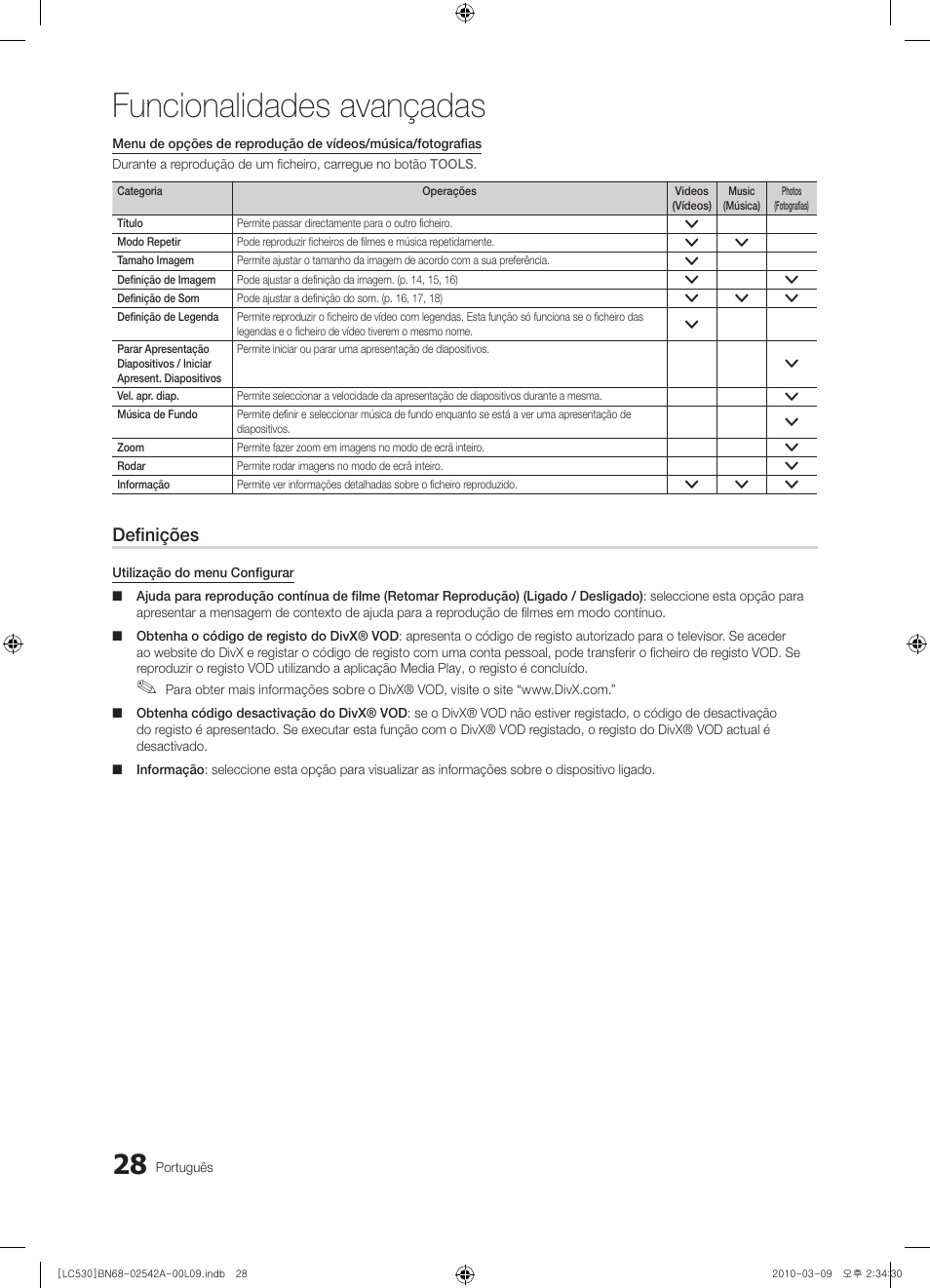 Funcionalidades avançadas, Definições | Samsung LE37C530F1W User Manual | Page 142 / 231