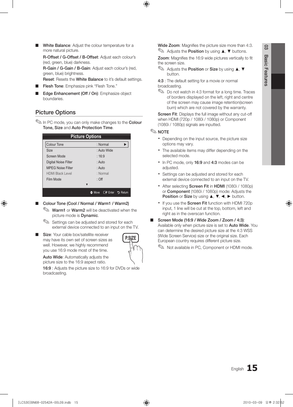 Picture options | Samsung LE37C530F1W User Manual | Page 15 / 231