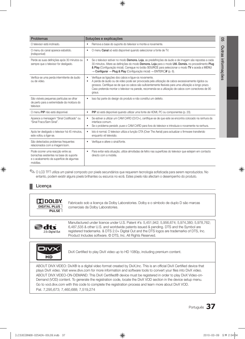 Licença | Samsung LE37C530F1W User Manual | Page 151 / 231