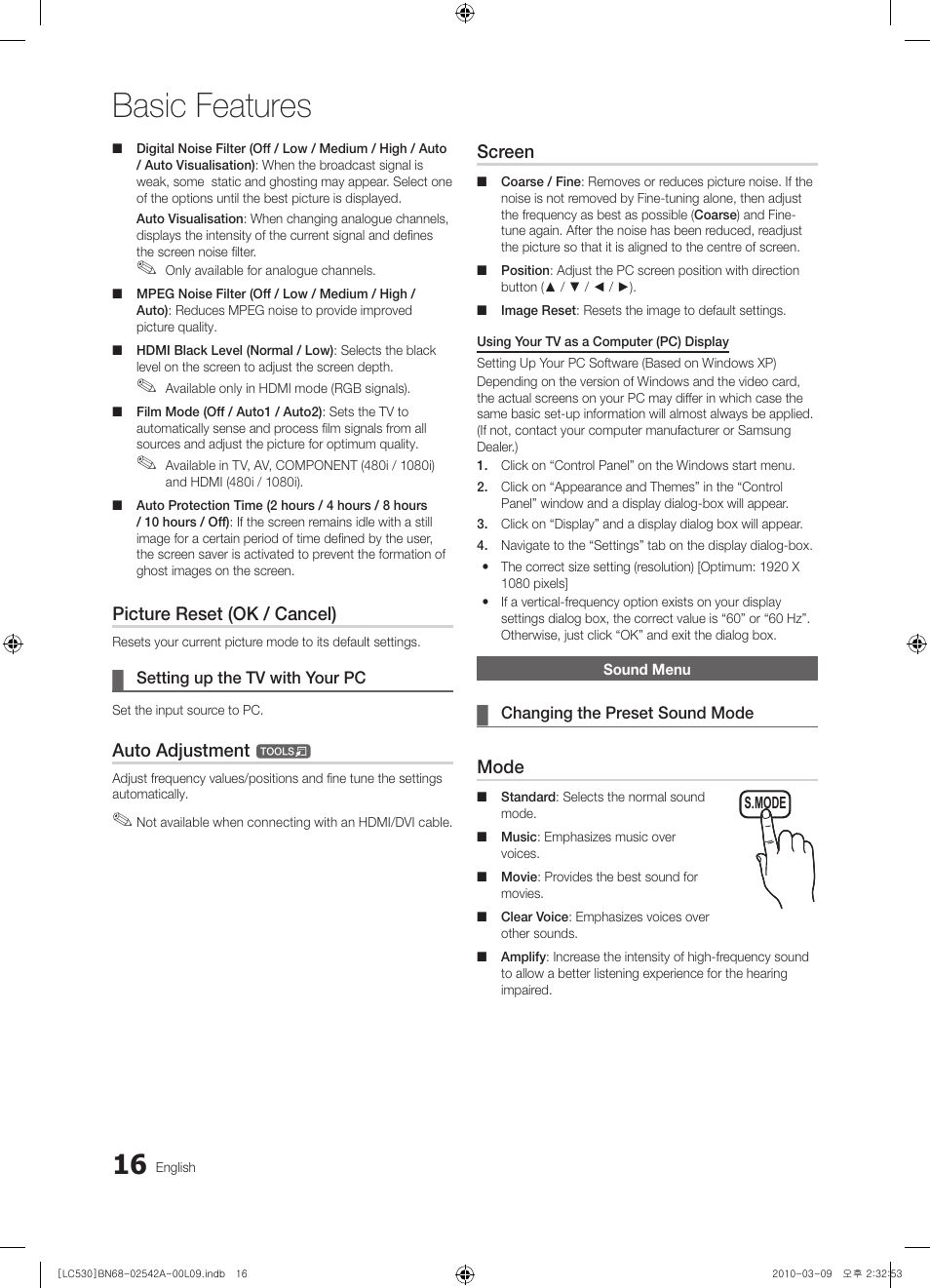 Basic features, Picture reset (ok / cancel), Auto adjustment | Screen, Mode | Samsung LE37C530F1W User Manual | Page 16 / 231