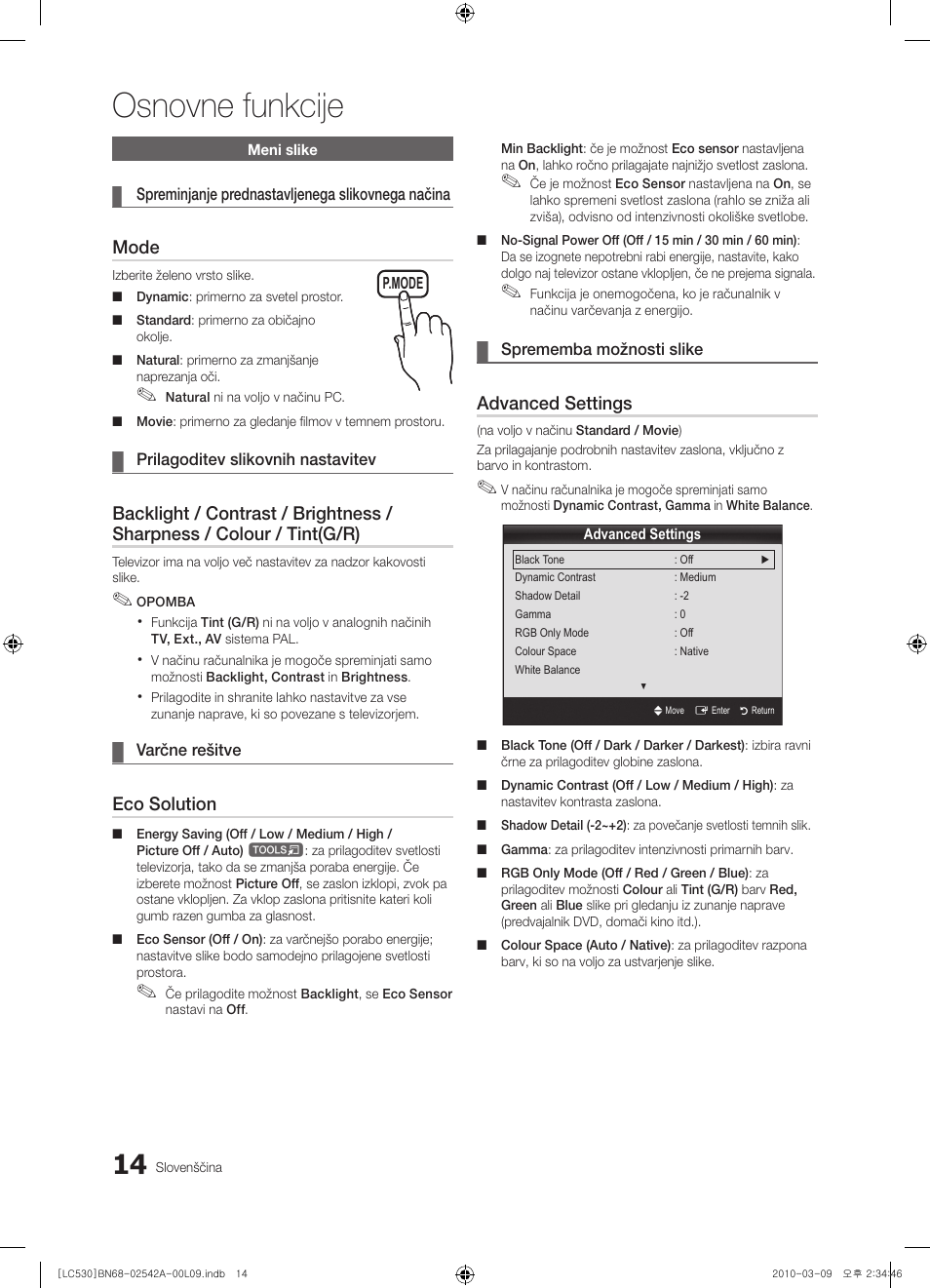 Osnovne funkcije, Mode, Eco solution | Advanced settings | Samsung LE37C530F1W User Manual | Page 166 / 231