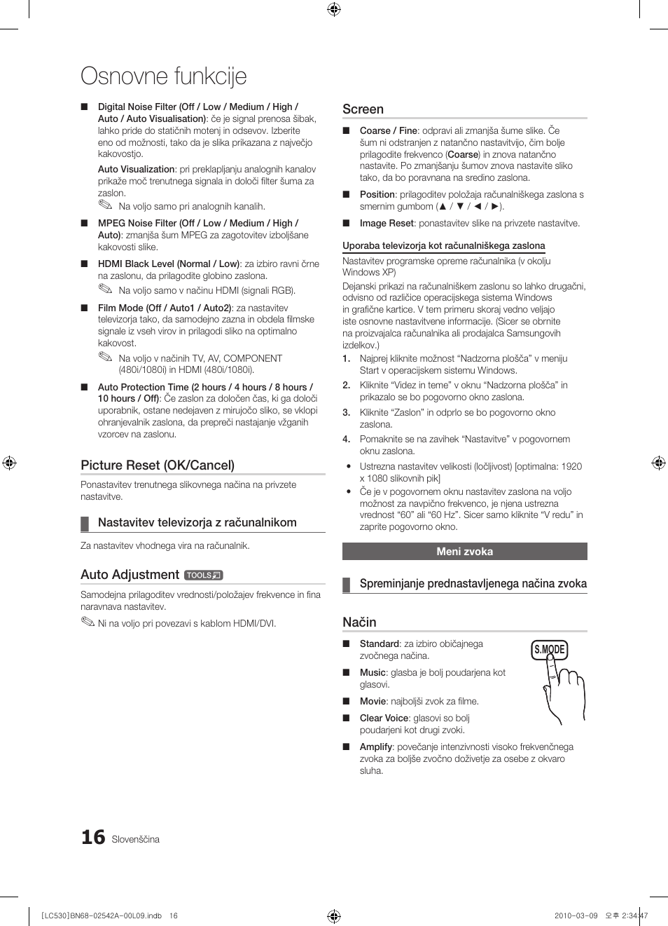 Osnovne funkcije, Picture reset (ok/cancel), Auto adjustment | Screen, Način | Samsung LE37C530F1W User Manual | Page 168 / 231