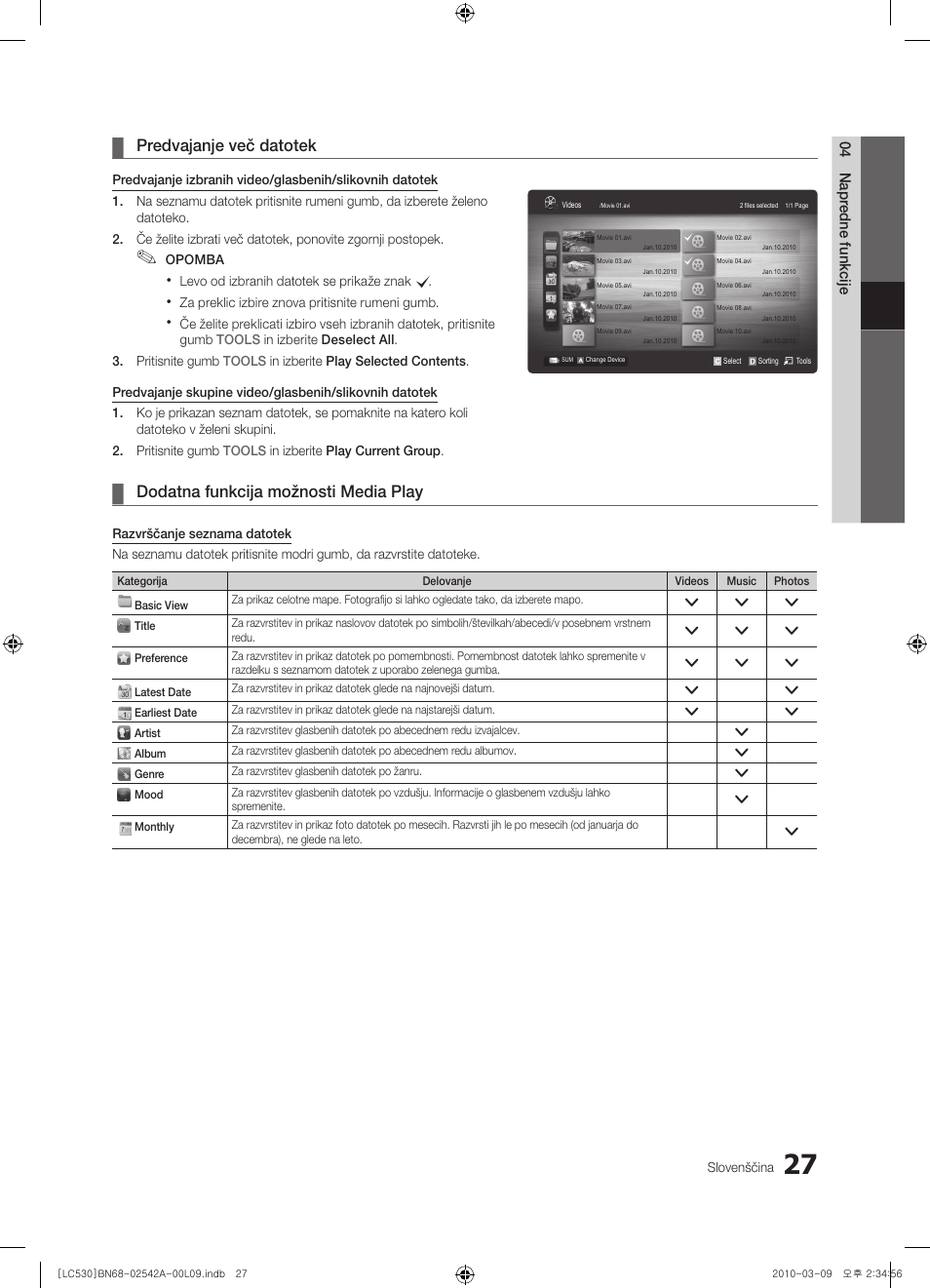 Predvajanje več datotek, Dodatna funkcija možnosti media play | Samsung LE37C530F1W User Manual | Page 179 / 231