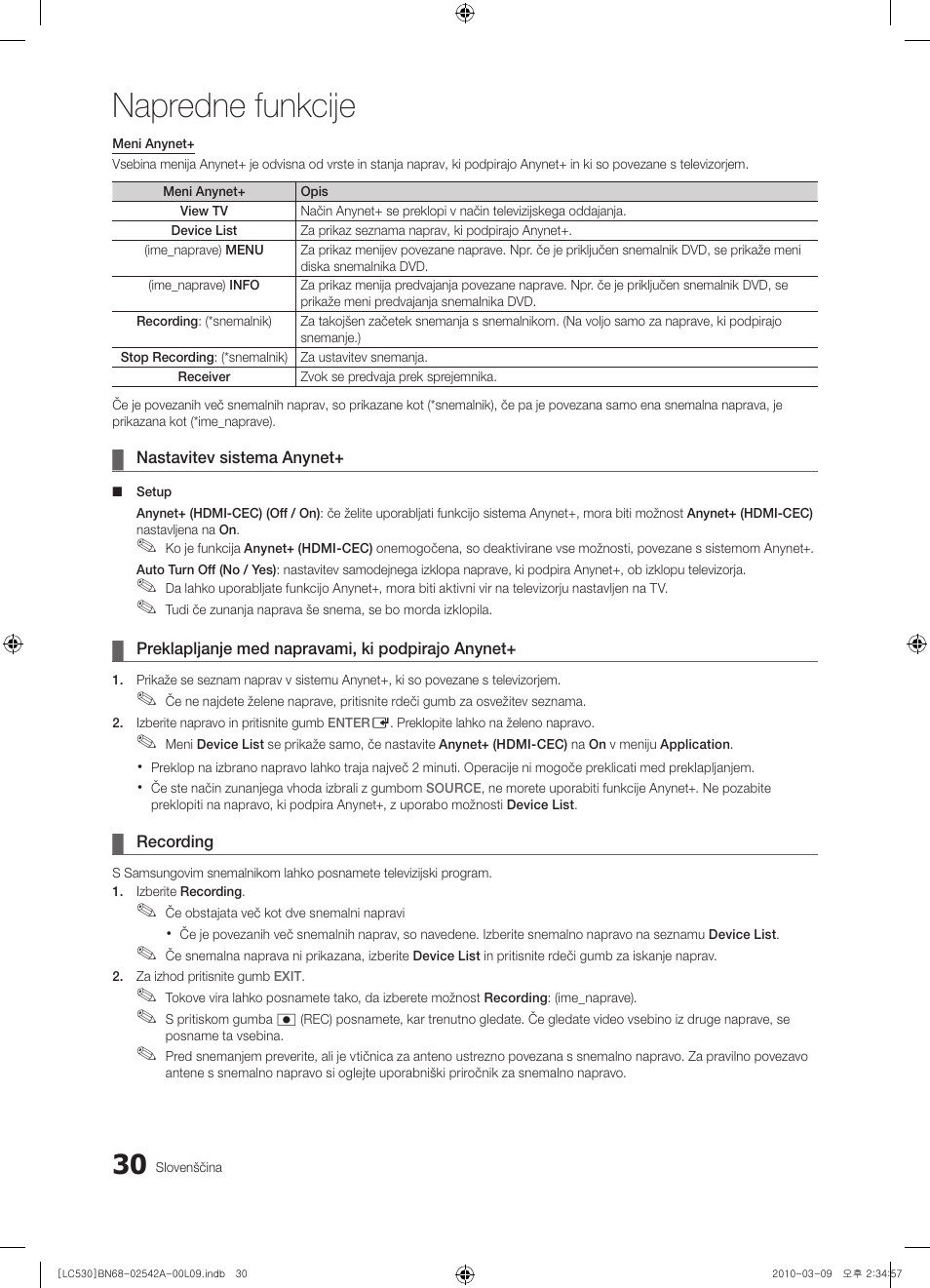 Napredne funkcije | Samsung LE37C530F1W User Manual | Page 182 / 231