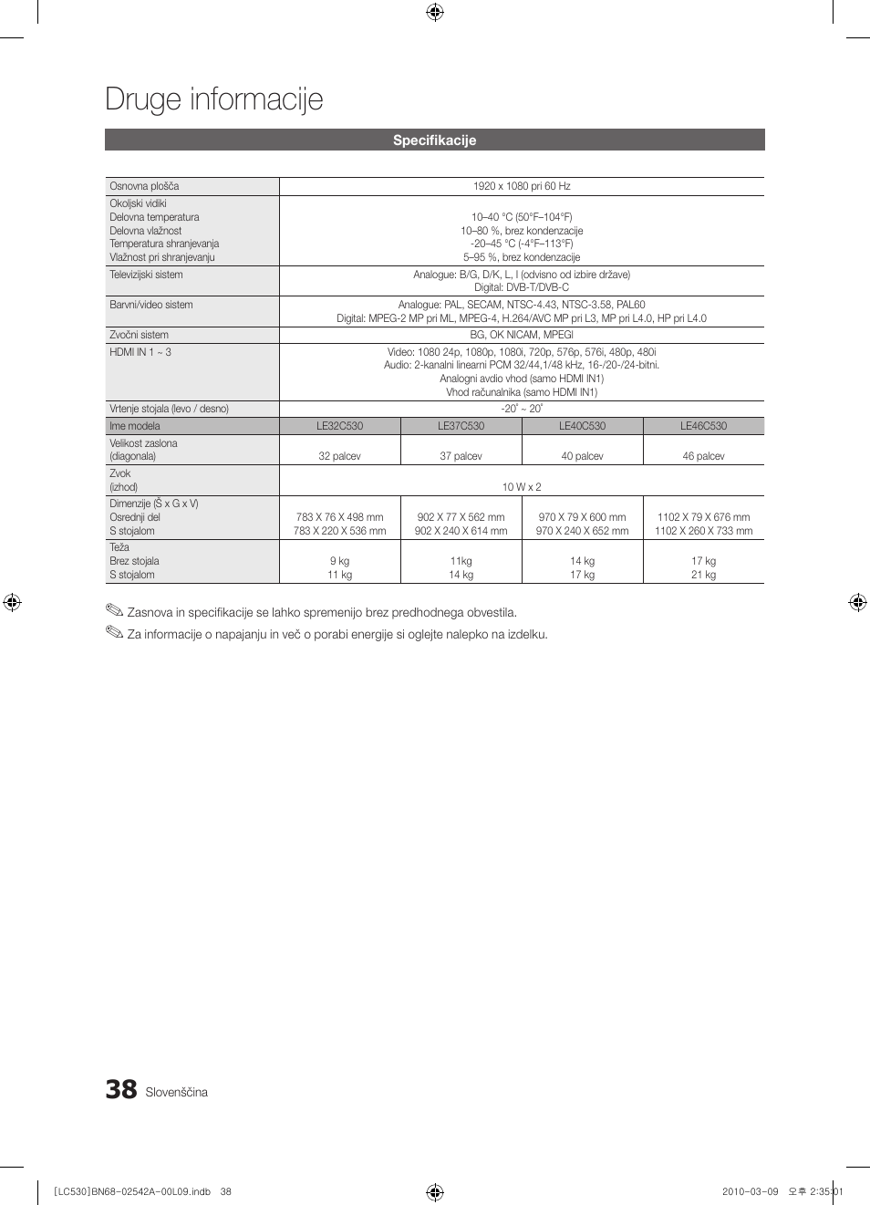 Druge informacije | Samsung LE37C530F1W User Manual | Page 190 / 231