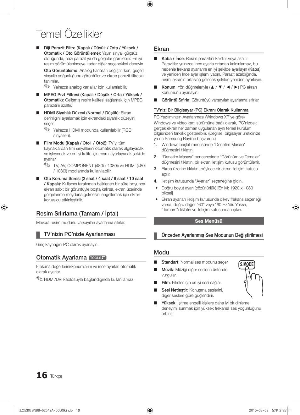 Temel özellikler, Resim sıfırlama (tamam / iptal), Otomatik ayarlama | Ekran, Modu | Samsung LE37C530F1W User Manual | Page 206 / 231