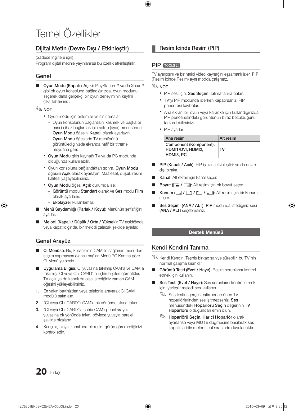 Temel özellikler, Dijital metin (devre dışı / etkinleştir), Genel | Genel arayüz, Kendi kendini tanıma | Samsung LE37C530F1W User Manual | Page 210 / 231