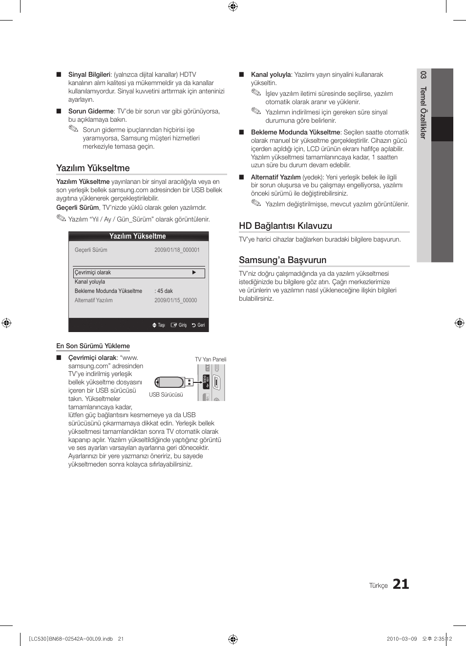 Yazılım yükseltme, Hd bağlantısı kılavuzu, Samsung’a başvurun | Samsung LE37C530F1W User Manual | Page 211 / 231