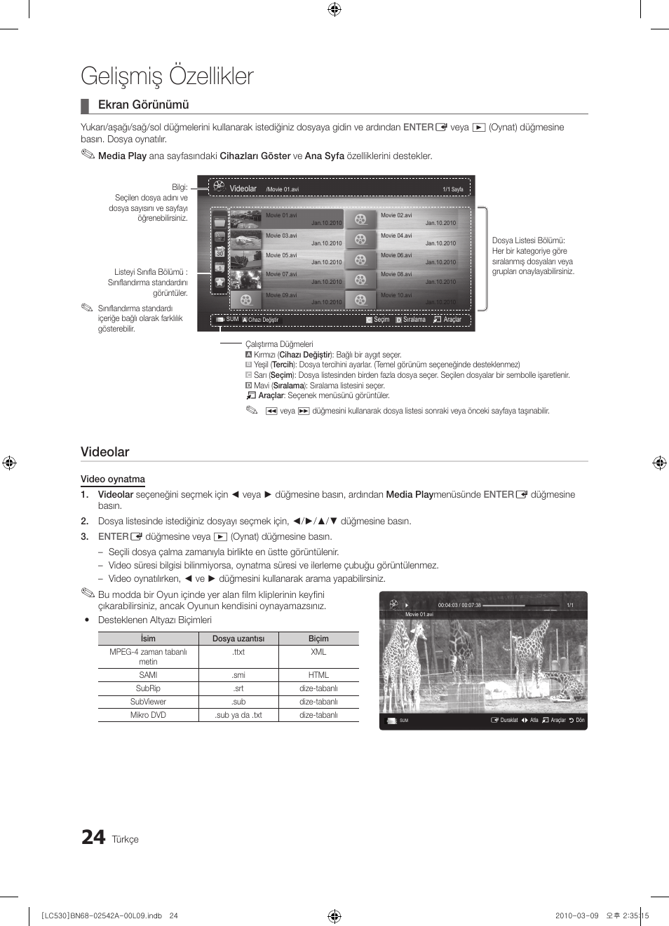 Gelişmiş özellikler, Videolar, Ekran görünümü | Samsung LE37C530F1W User Manual | Page 214 / 231