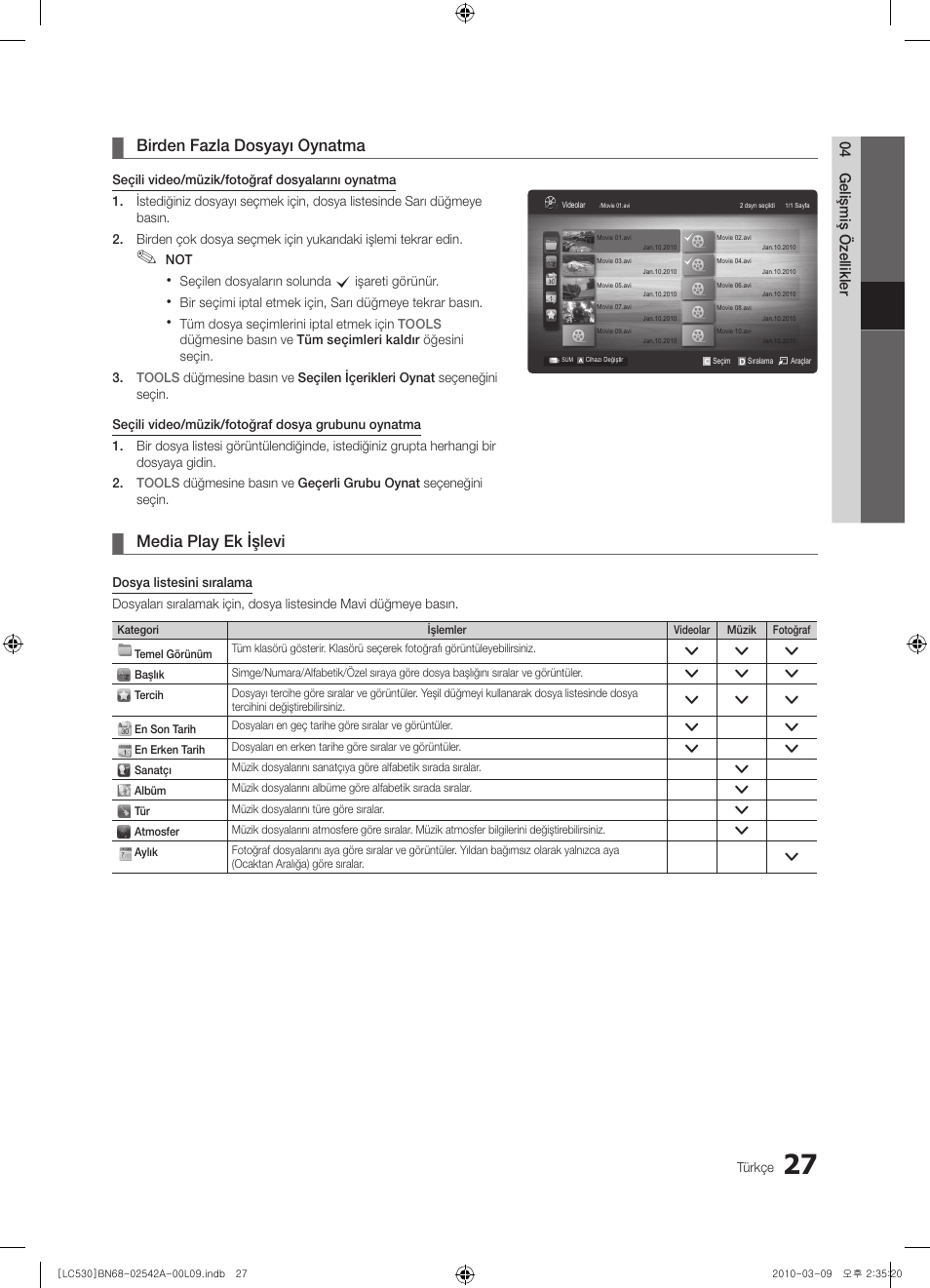 Birden fazla dosyayı oynatma, Media play ek işlevi | Samsung LE37C530F1W User Manual | Page 217 / 231